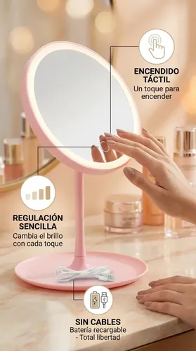 Espejo Para Maquillaje Redondo Con Luz Led Táctil Usb Rosa