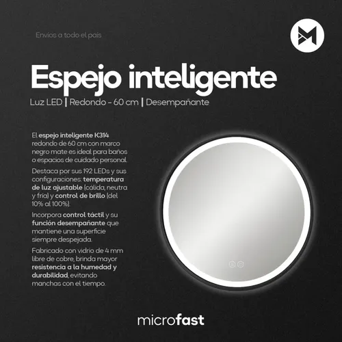 Espejo Redondo con Luz LED para Baño de 60 cm, Anti-Fog y Marco Negro