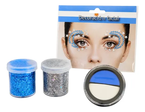 Kit Mundial Glitter Maquillaje Facial Azul Plata Strass