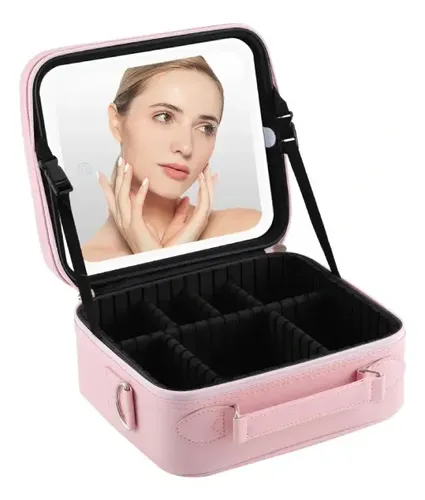 Maletín Para Maquillajes Con Luz Y Espejo Con Aumento 10x Color Rosa
