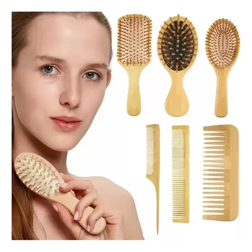 Kit 6 Cepillos Y Peines De Bambú Antifrizz