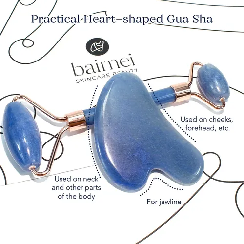 Set Masajeador Facial Baimei Rodillo Y Gua Sha Azul
