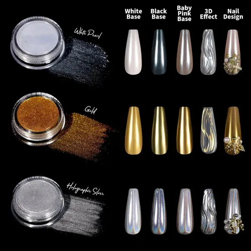 Kit Polvo Cromado Para Uñas Teenitor Perla Oro Plata