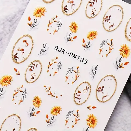 4 Hojas Calcomanías Para Uñas Flores Doradas