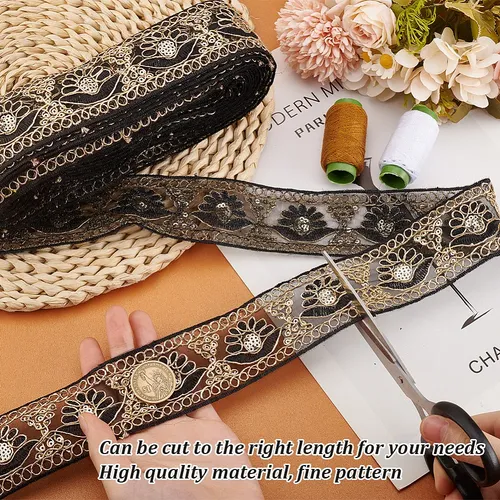 1 Rollo Cinta Organza Bordada Flores Negras 10mm
