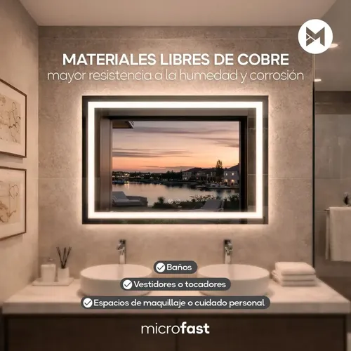 Espejo Luz Led Touch/Táctil Inteligente Baño Premium Desempañante Fría/Cálida/Neutra Rectangular Horizontal Moderno 80x60cm Esmerilado Regulación de Brillo