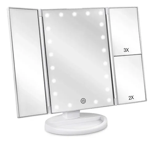 Espejo Para Maquillaje Triptico Con Aumento Y Luz Led Blanco