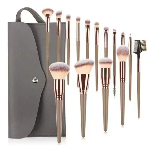 Set 15 Brochas Maquillaje Ojos Rubor Con Funda 15 Pieces Champagne Gold Makeup Brush Bag