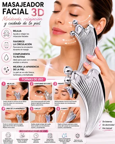 Masajeador Facial 3d Gua Sha Plateado Antiedad Y Relajación