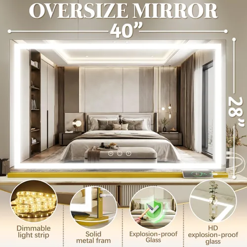 Espejo De Vanidad Fennio 101.6×71.1cm Con Luces Led Dorado