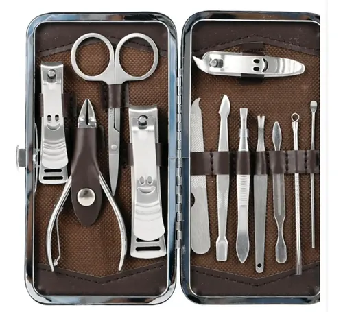 Set Manicura Pedicura 12 Piezas de Acero Inoxidable en Estuche