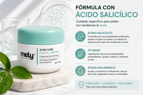 Crema Facial Mely Acido Salicilico Hialuronico Te Verde 50g