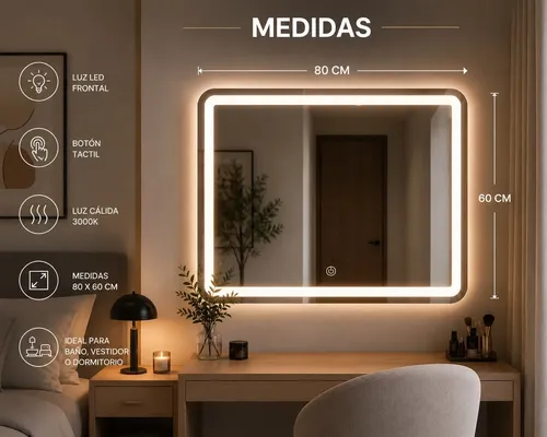 Espejo Led 60x80cm Botón Frontal Luz Calida Rectangular Baño
