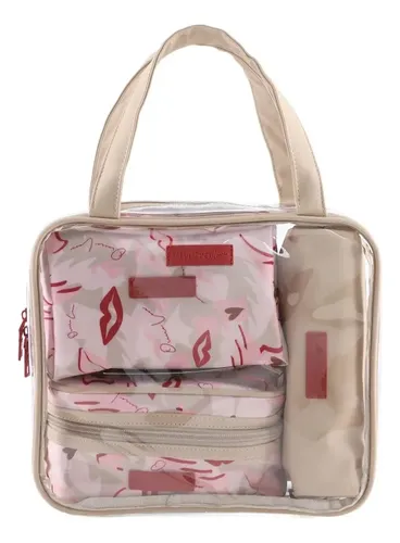X4 Neceser Oreiro Love Transparente Pvc Viaje Maquillaje Beige Estampado