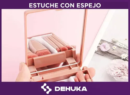 Set X5 Brochas Y Pinceles Maquillaje Profesional Sintéticos Con Estuche Espejo Rosa Dehuka