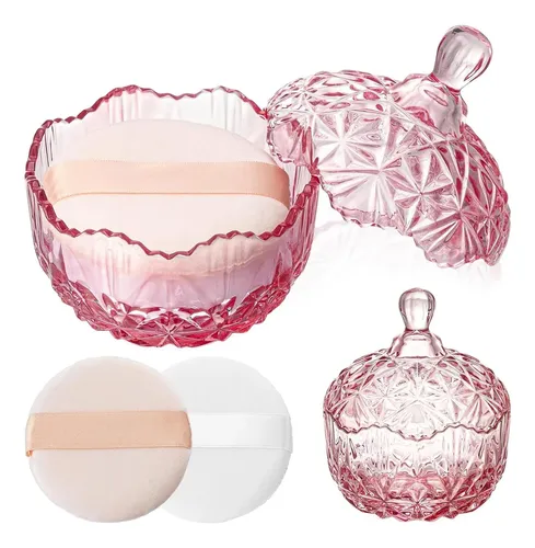 Conjunto De Polvos En Frasco De Vidrio Con Esponja Rosa