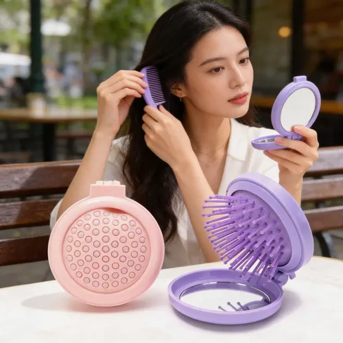 Cepillo De Pelo Y Espejo Plegable De Cartera