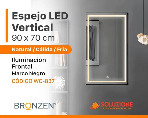 Espejo Premium Vertical Rectangular Luz Led Frontal 90×70