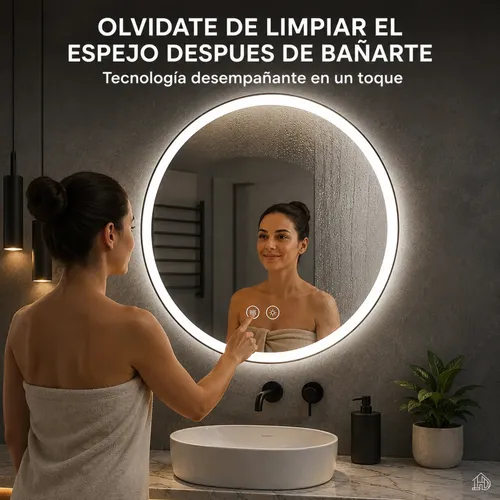 Espejo Redondo Circular Digital Luz Led Desempañador 60cm