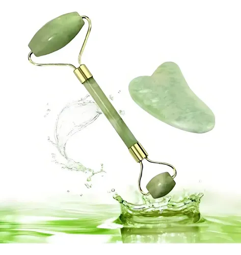 Kit Masajeador Facial Jade Rodillo +piedra Guasha-natural Color Verde