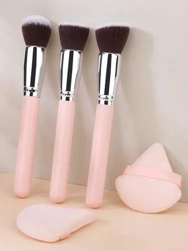 3 Pinceles De Maquillaje Rosas Y Plateados+borla Triangular