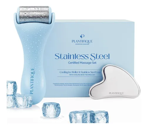 Set Facial De Rodillo De Hielo Y Gua Sha Plantifique Acero I