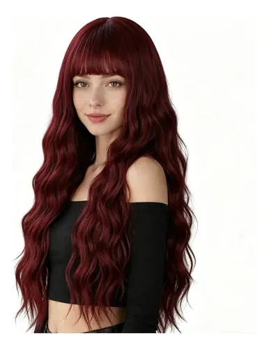 Peluca Larga Ondulada Con Flequillo Mujer Burgundy M