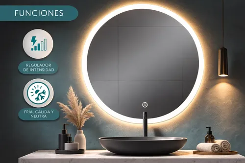 Espejo Led Redondo 60cm Luz Calida/fria Regulable Para Baño