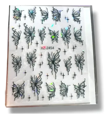 Stickers Para Uñas Cromados Destellos Moños Gemas 5d Y 6d Mariposas negras XZ-2454