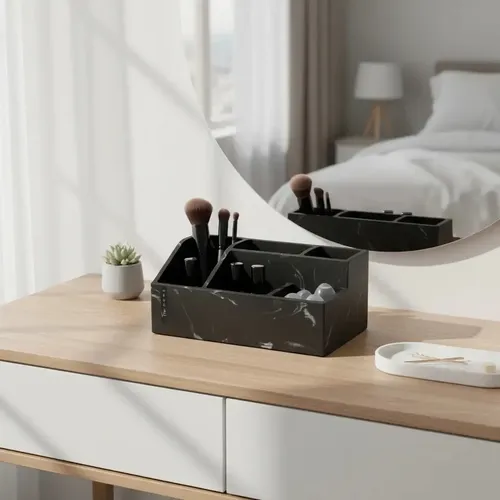 Organizador De Maquillaje Simil Marmol Negro 23 X 13 Cm Negro