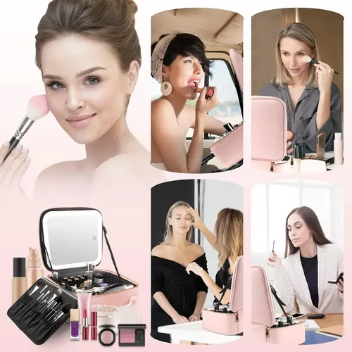 Maletín Para Maquillajes Con Luz Y Espejo Con Aumento 10x Color Negro
