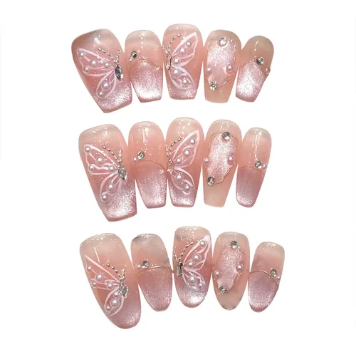 Uñas Postizas Rosa Brillante Estilo Ojo De Gato