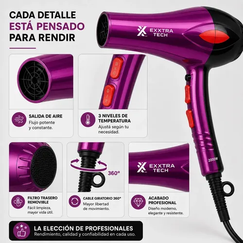 Secador de Pelo Profesional Exxtra Tech 2000W Frío Calor Cerámico 3 Temperaturas 2 Velocidades Aire Frío Boquilla Concentradora Cable Giratorio 360° Violeta