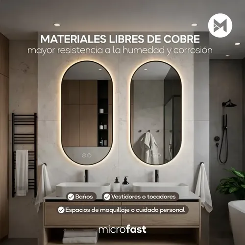 Espejo Luz Led Touch/Táctil Inteligente Baño Premium Desempañante Fría/Cálida/Neutra Ovalado Moderno 50x100cm Regulación de Brillo Borde