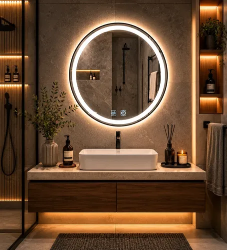 Espejo Digital Led Redondo Con Desempañador Enmarcado Baño