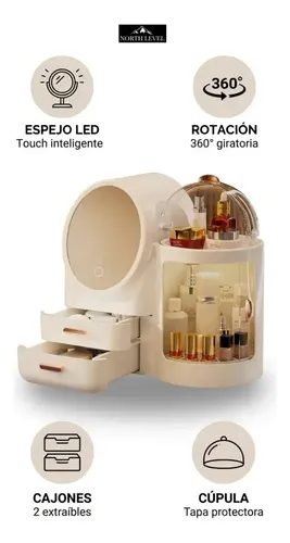 Organizador De Maquillaje NORTH LEVEL Con Espejo Y Luz LED Para Tocador