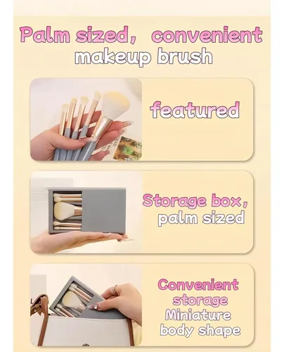 Set De 5 Pinceles De Maquillaje Con Espejo Y Estuche Vegano