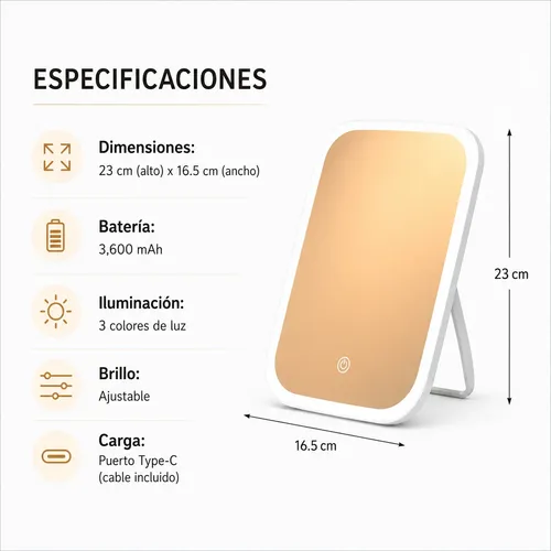 Espejo Maquillaje Led Recargable 23cm 3 Tonos Luz@#