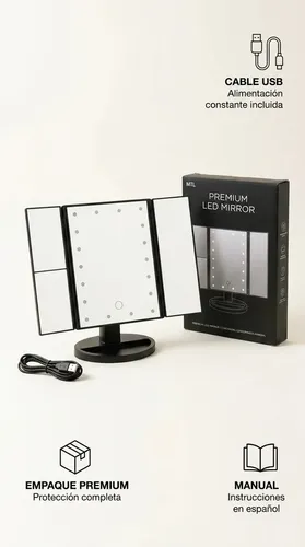 Espejo Mtl Tríptico Con Luz Led Iluminación Portátil Base Reforzada Ideal Maquillaje Profesional Rutinas Belleza Cuidado Facial Tocador Dormitorio Baño Negro Diseño Moderno Elegante Compacto Práctico