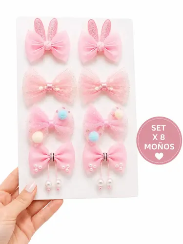 Set X8 Moños Para Nenas Con Broche Hebillas Infantiles Rosa