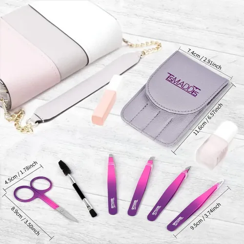 Set Pinzas Cejas Tsmaddts 6 Pzas Tijera Curva Morado