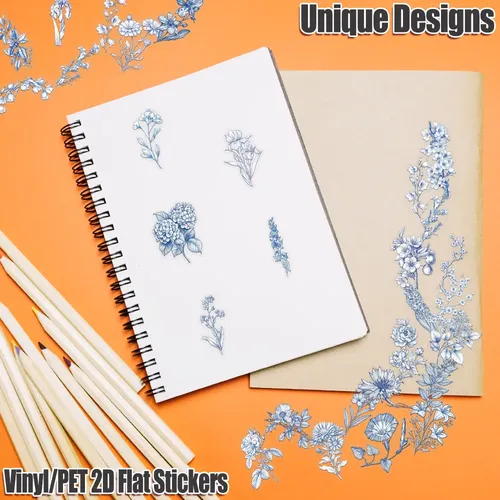 50 Stickers Flores Azules Y Blancas Pack