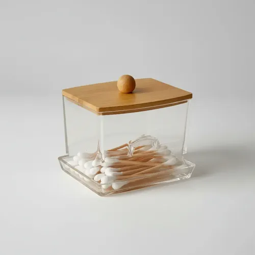 Organizador Acrílico Rectangular Tapa De Bambú Para Cotonete Color Blanco