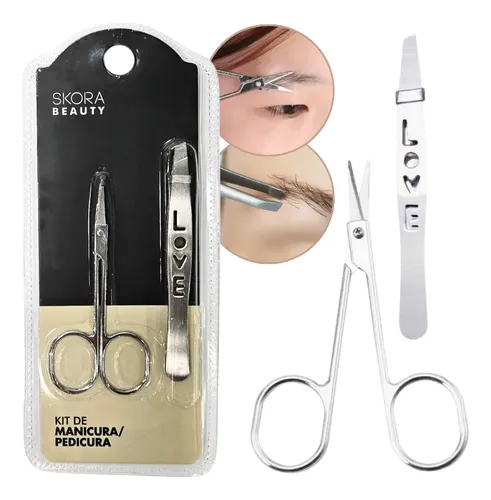 Set Depilacion Pincita + Tijera Para Cejas De Acero Skora Color Plateado