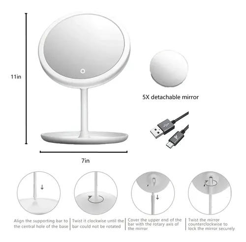 Espejo Maquillaje Portatil Touch Aro Luz Led Moderno Usb