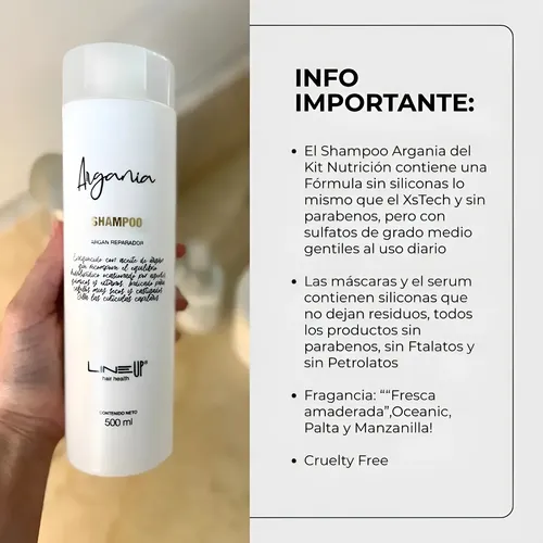 Shampoo a base Argán, Nutrición total para cabellos resecos, restaura el equilibrio natural y sella cutículas, producto profesional de Salon de Belleza x 500Mls ARGANIA de LineUp