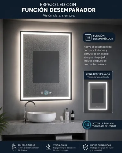 Espejo Led Para Baño 60×80 Desempañador 3 Luces Dimer Touch