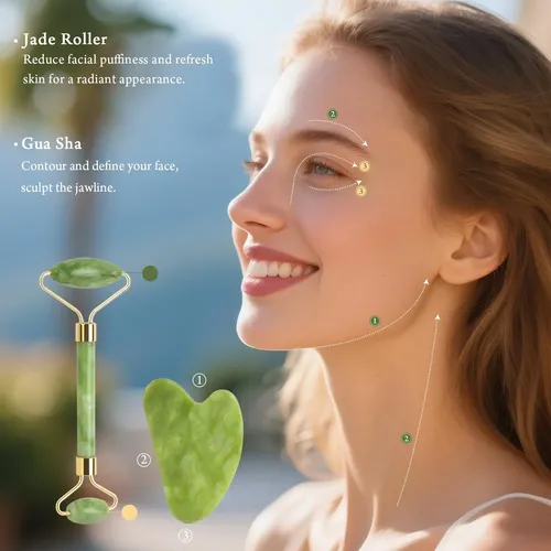 Set Masajeador Facial Real Perfection Rodillo Gua Sha Verde