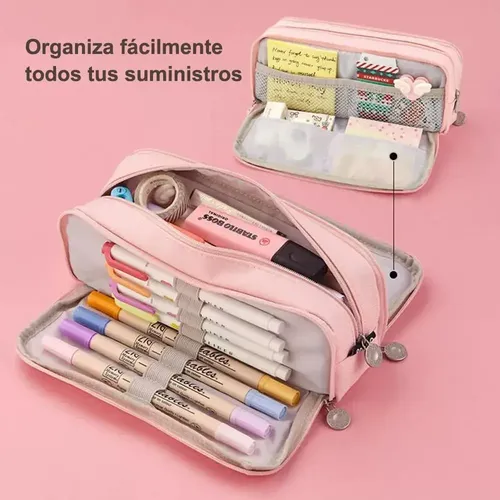 Estuche Organizador Escolar Grande Con 3 Compartimentos Rosa