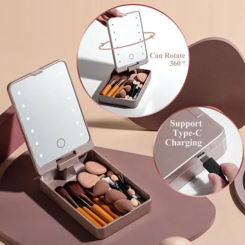 Pincel De Maquillaje Led Con Espejo Portátil